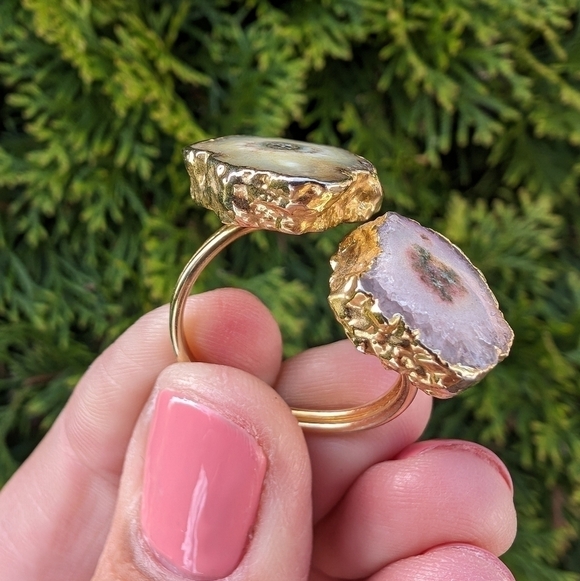 Artisan Handmade In Morocco Adjustable Boho Chic Double Geode Gold Ring Size 10 - Picture 4 of 8